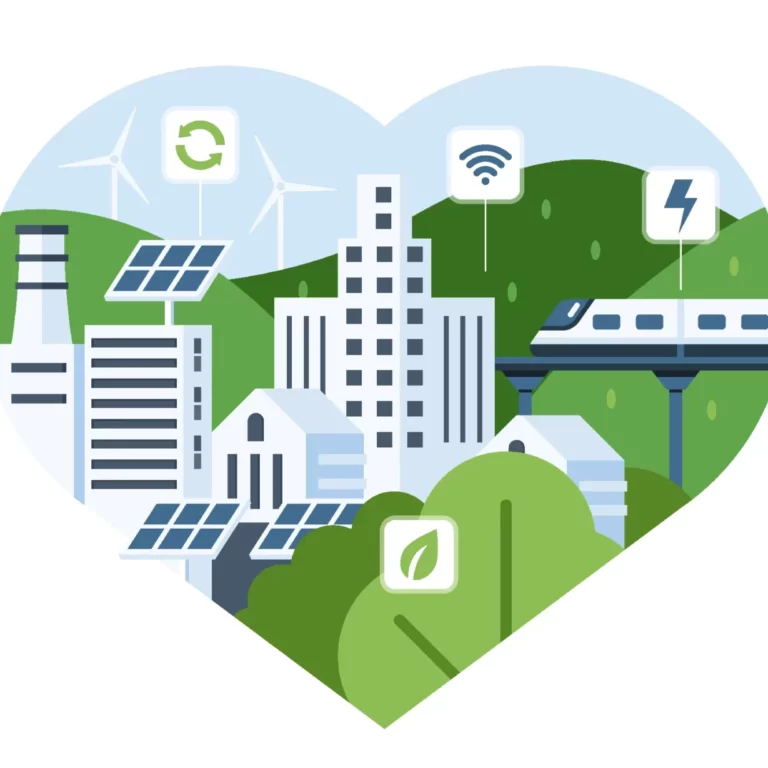 Cartoon city in a heart shaped cutout showing Double materiality assessment