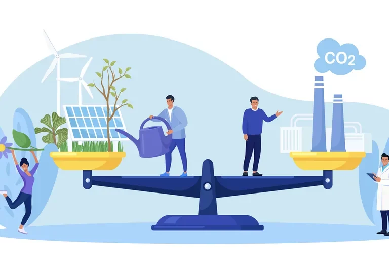 Cartoon small men on a plane watering a tree and a solar panel showing net-zero training