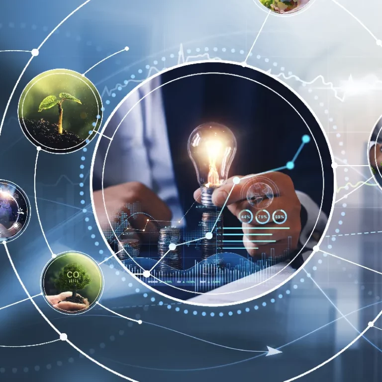 SASB reporting consulting illustrated with a collage graphic of GUI elements, a light bulb and green globes
