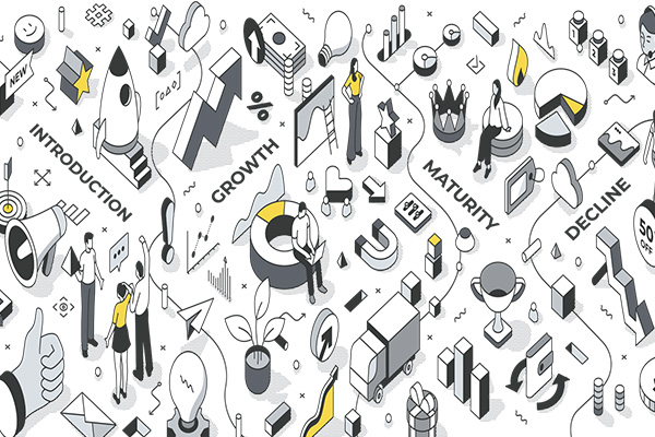 Black and white cartoon of various processes illustration lifecycle assessment