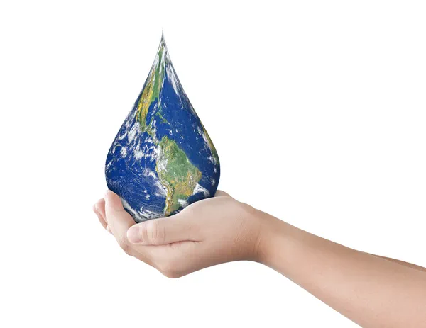 Water advisory services illustrated by hand holding a droplet with the globe in it.